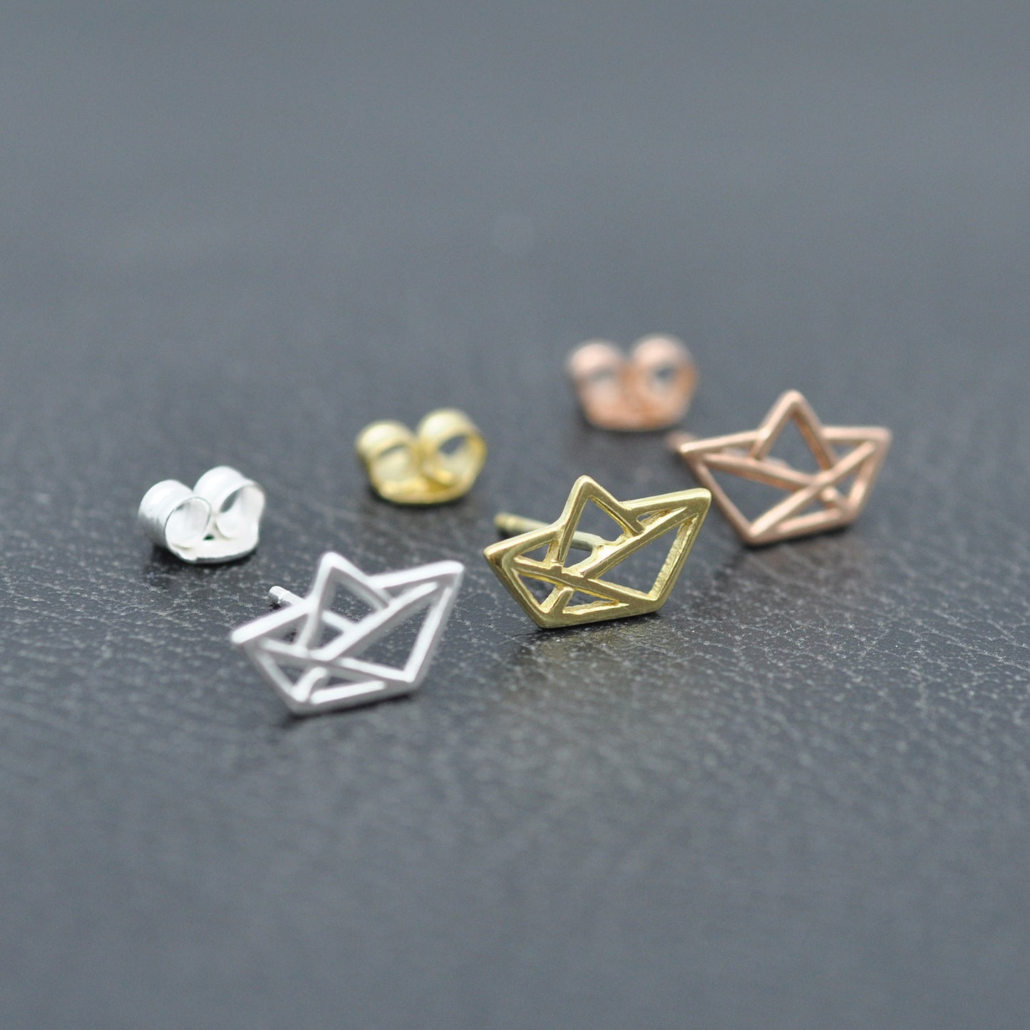 Origami paper boat / paper ship stud earrings / 925 sterling silver