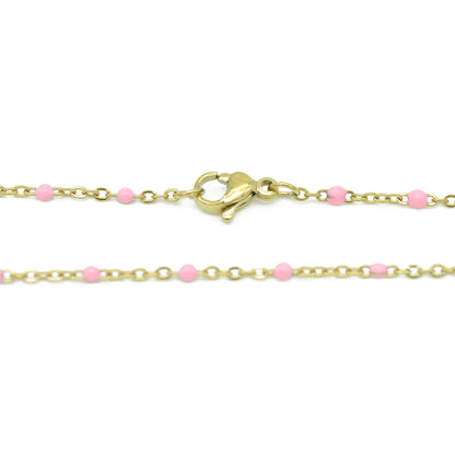 Edelstahl Kette mit Kügelchen / rosa emailliert / vergoldet / 45 cm