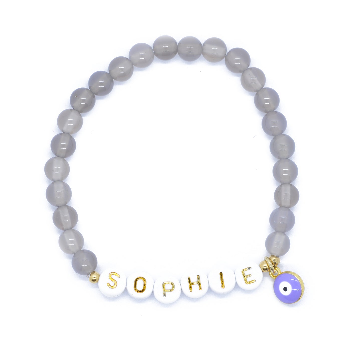 Edelstein Armband mit individuellem Namen / Grauachat / Evil Eye lila
