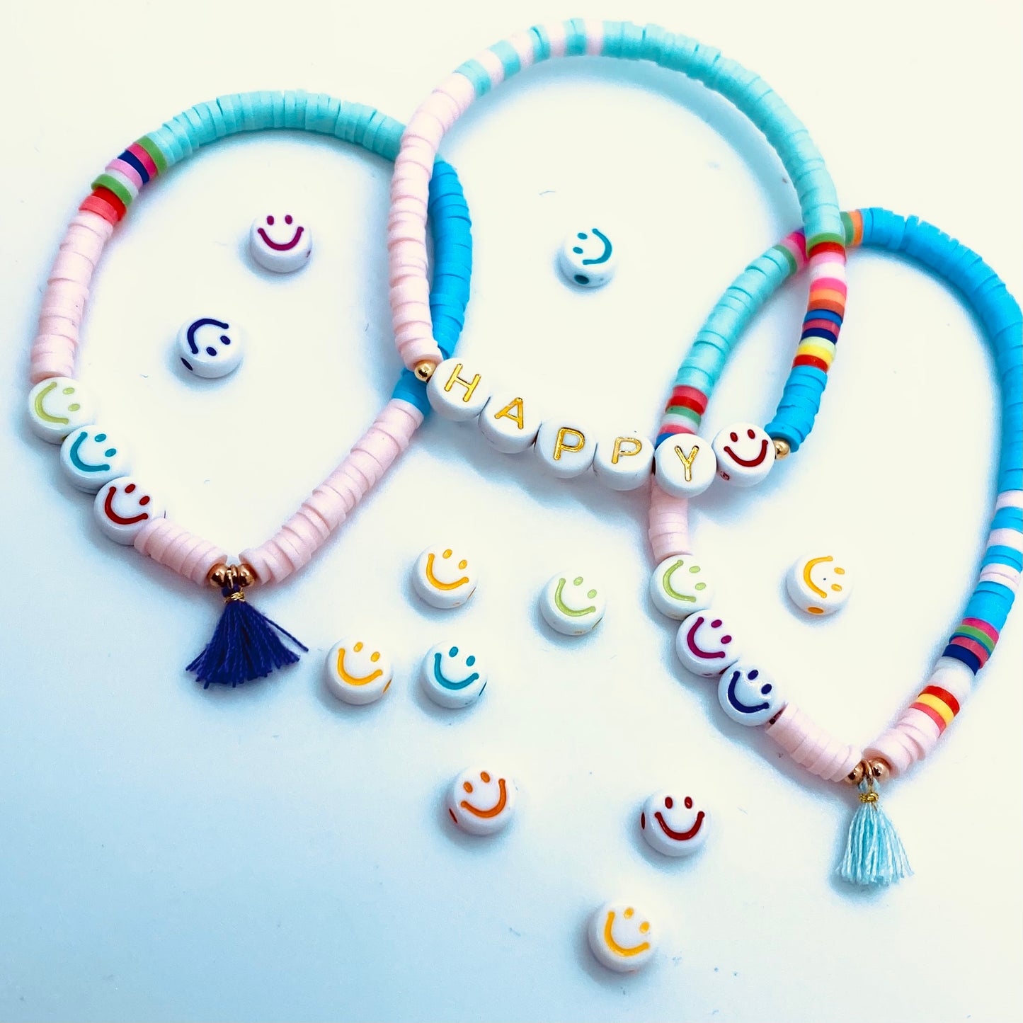 Perlen mit Smiley weiss / bunter Mix / 7 mm / 10 Stk.