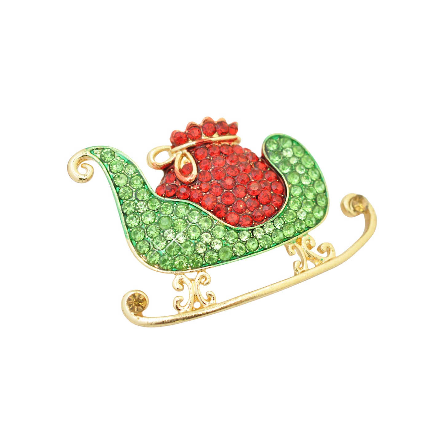 Christmas brooch sleigh rhinestones / gold colored / 30x45mm