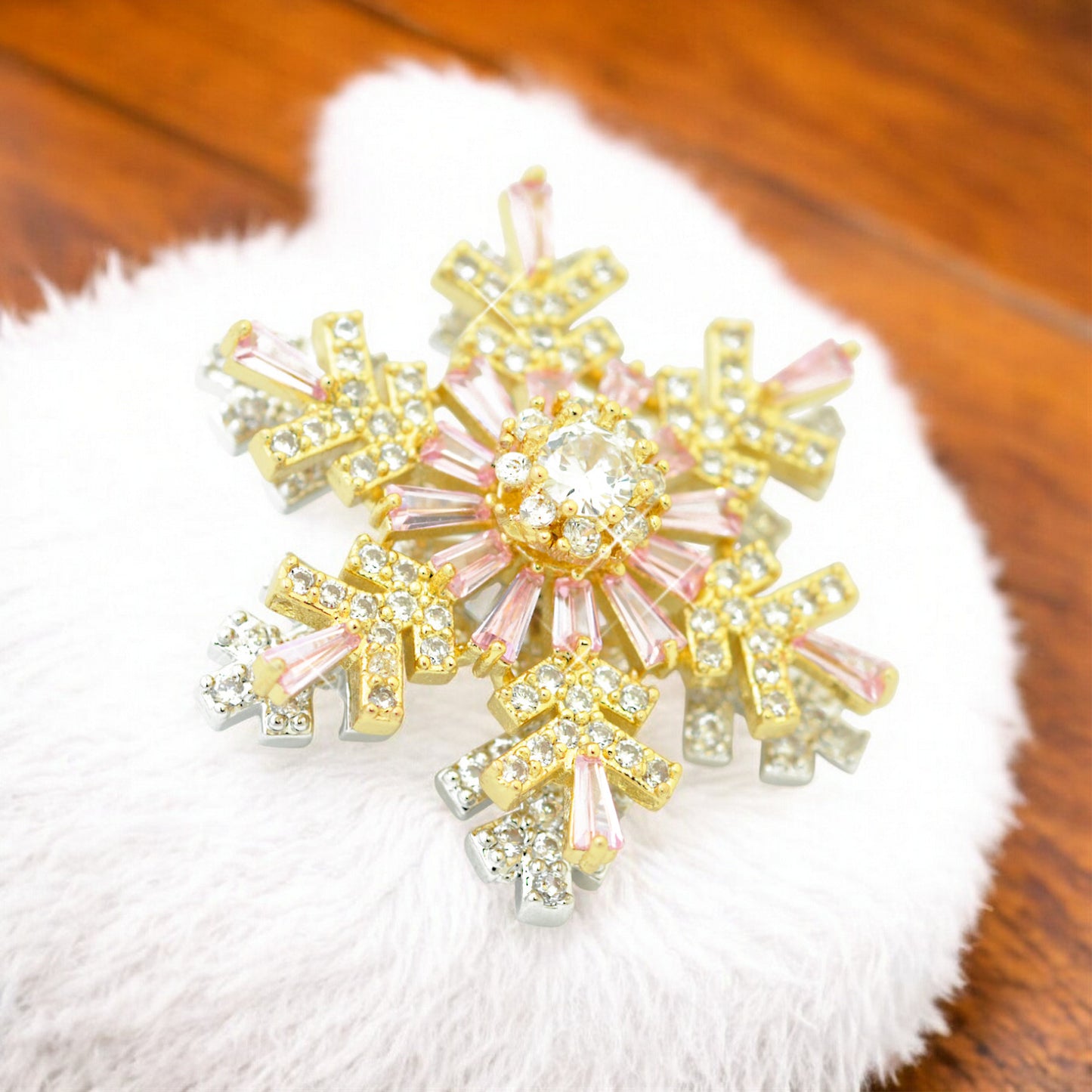 Christmas brooch snowflake strass rotating / gold colored / 30mm