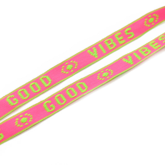 Woven ribbon GOOD VIBES pink green / flat 10mm / 100cm