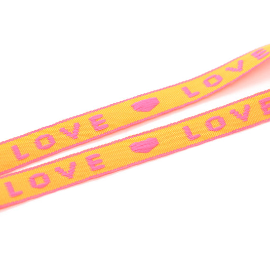 Woven ribbon LOVE pink orange / flat 10mm / 100cm