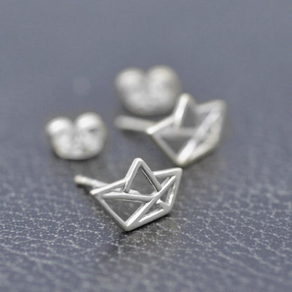 Origami paper boat / paper ship stud earrings / 925 sterling silver