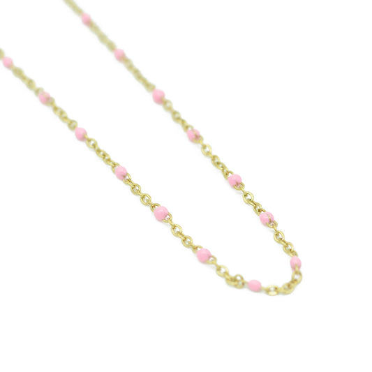 Stainless steel chain with beads / pink enamelled / gold plated / 45 cm