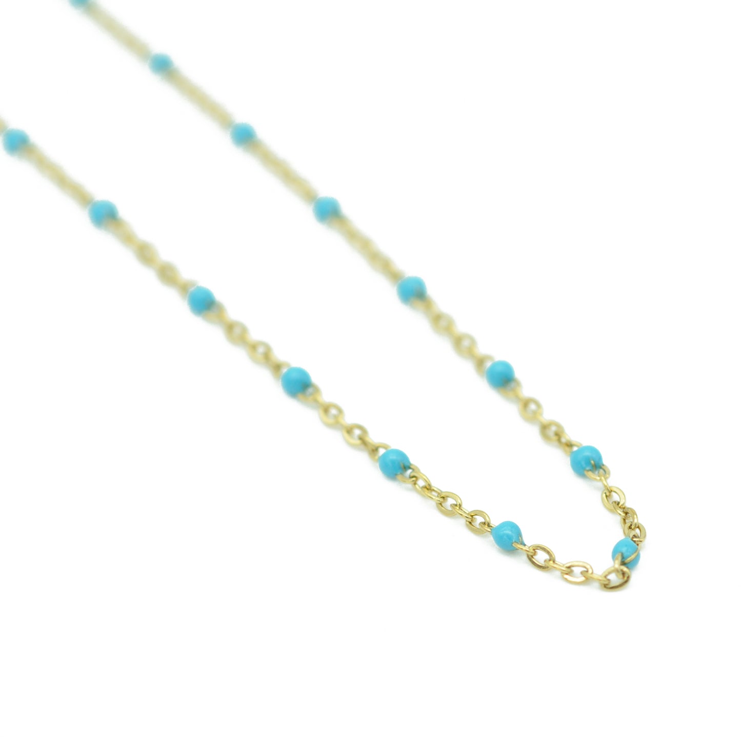 Stainless steel chain with beads / turquoise enamelled / gold plated / 45 cm