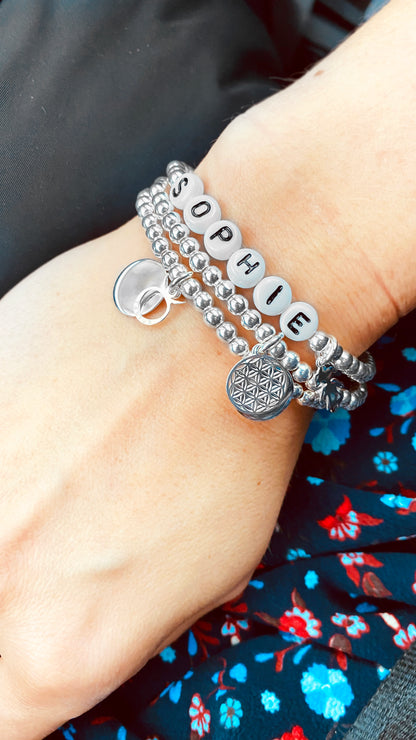 Bracelet personalized with engraved platelet &amp; flower of life / 925 sterling silver