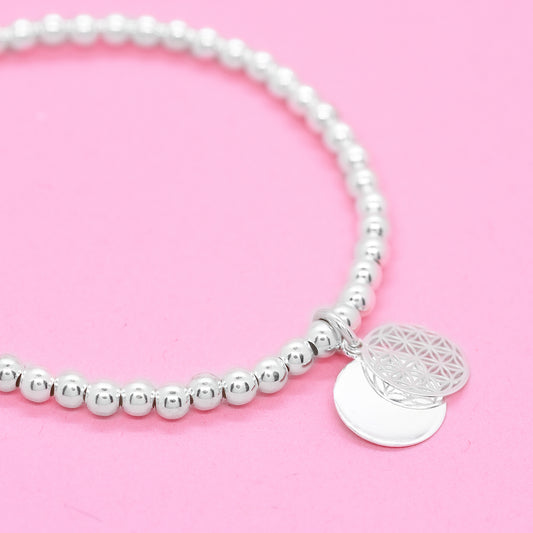 Bracelet personalized with engraved platelet &amp; flower of life / 925 sterling silver