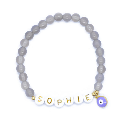 Gemstone bracelet with individual name / gray agate / purple evil eye