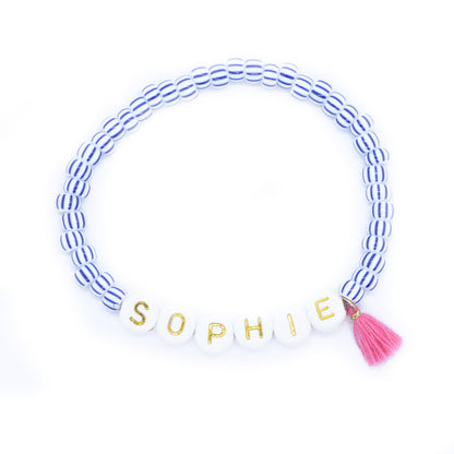 Personalized name bracelet - letters white gold with tassel