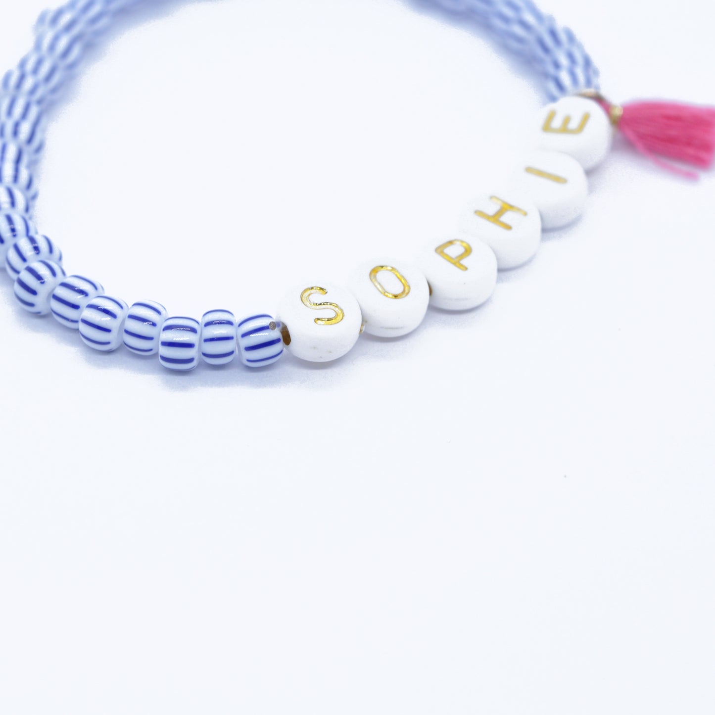 Personalized name bracelet - letters white gold with tassel