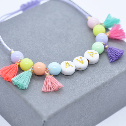 Personalized Name Bracelet - Flower Candy - Colorful Tassels
