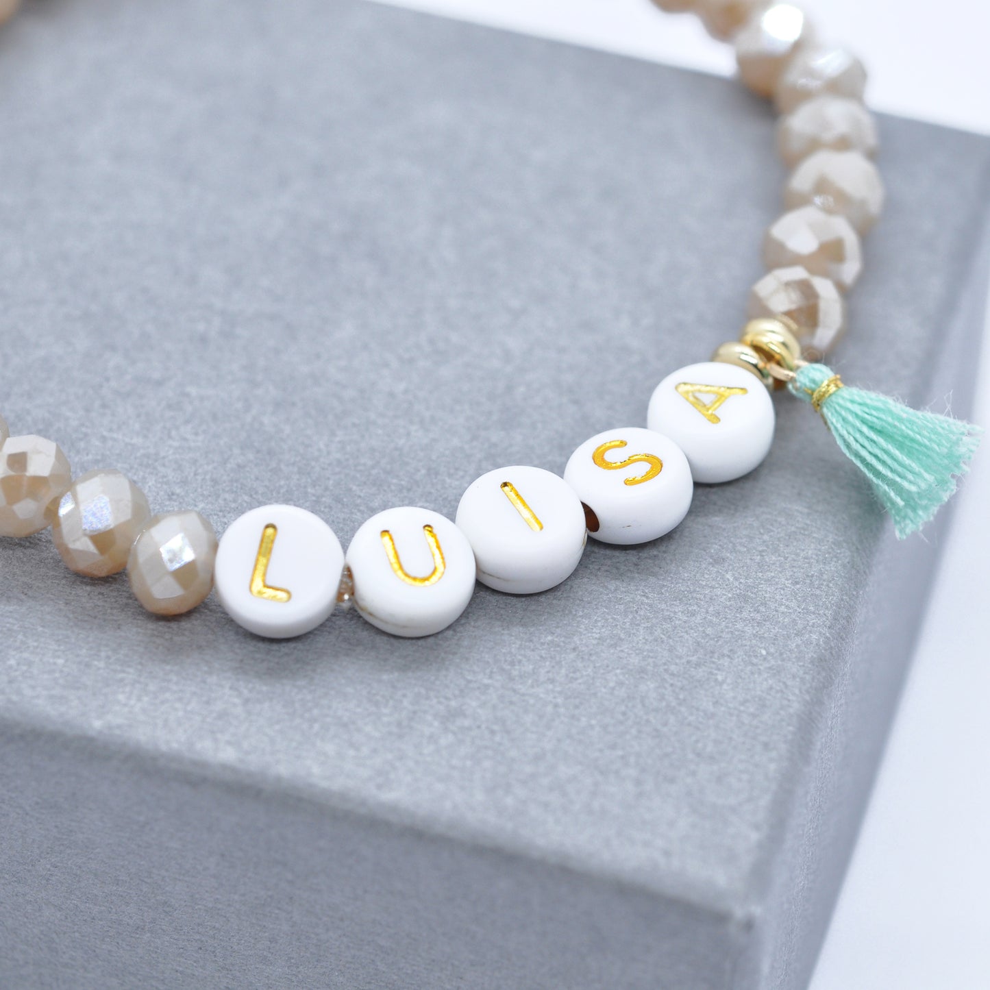 Personalized name bracelet made of briolette - letters white gold with tassel mint