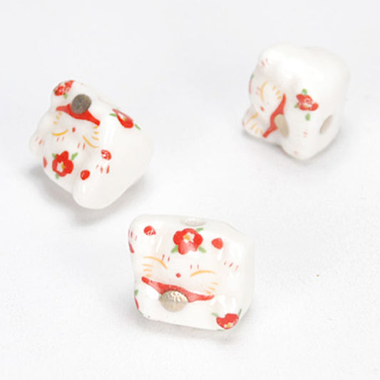 Porcelain bead Chinese lucky cat red white / 16 mm