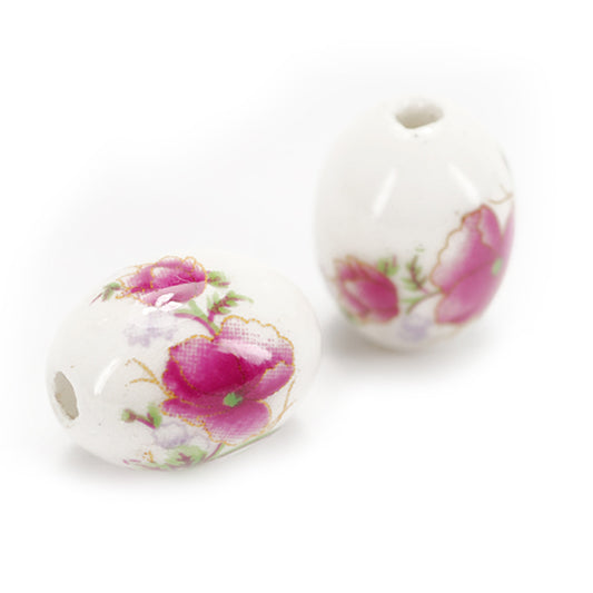 Porcelain bead flowers oval white pink / 18 mm