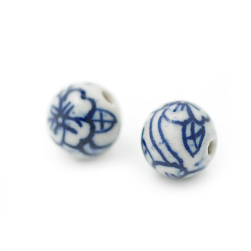 Porzellan Perle rund blau weiss / Ø 10 mm