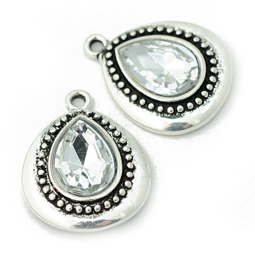Vintage teardrop pendant with crystal / silver colored / 30 mm