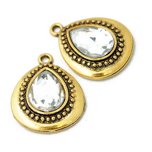 Vintage teardrop crystal pendant / gold colored / 30 mm