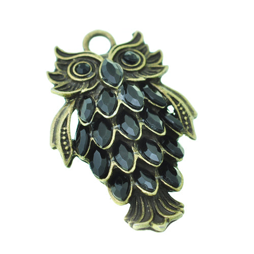 XL owl rhinestone pendant / black brass colored / 48 mm