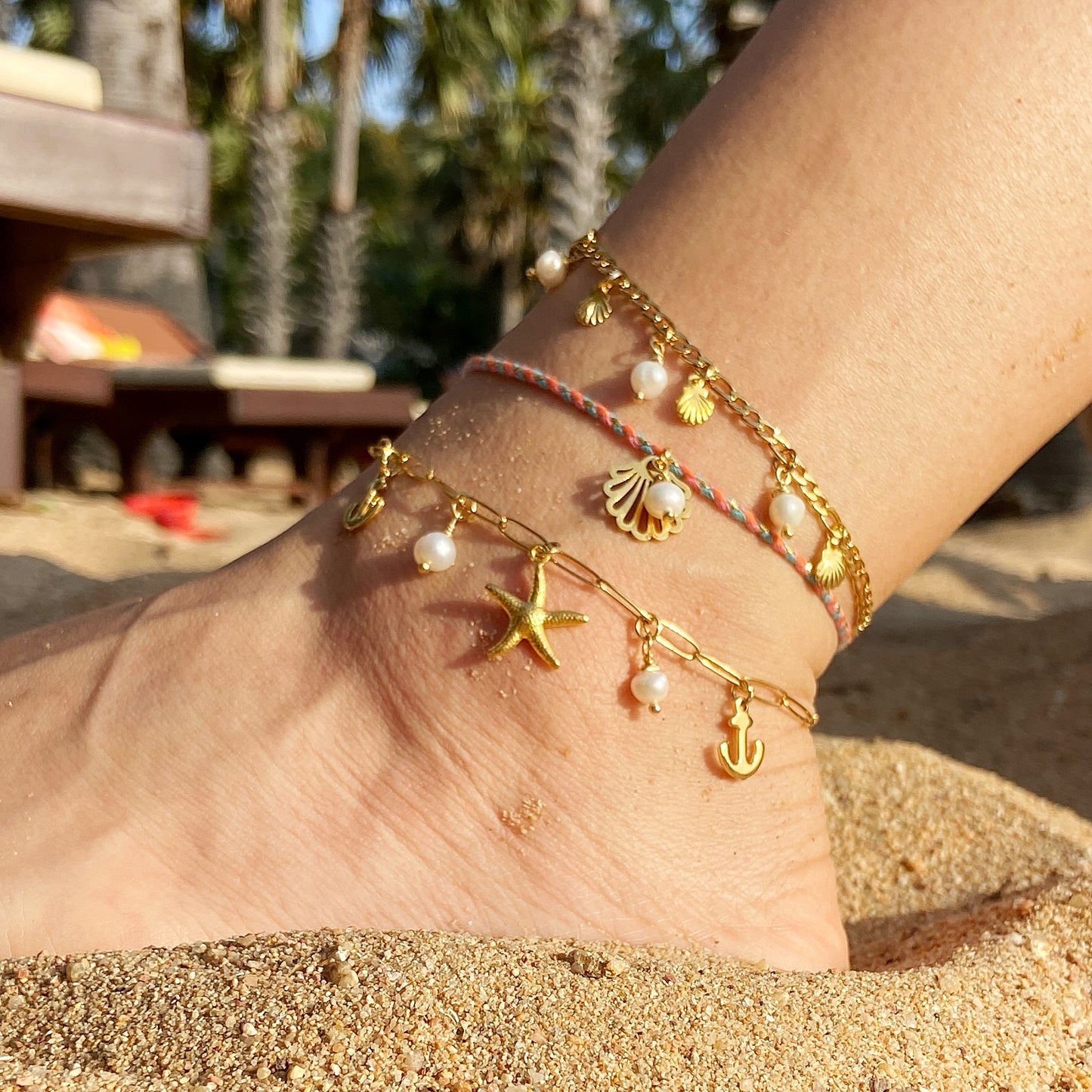 Anklet shell freshwater pearls / stainless steel gold plated / water resistant