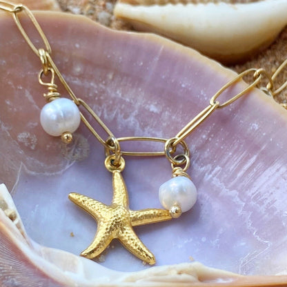Anklet starfish freshwater pearls / stainless steel gold plated / water resistant