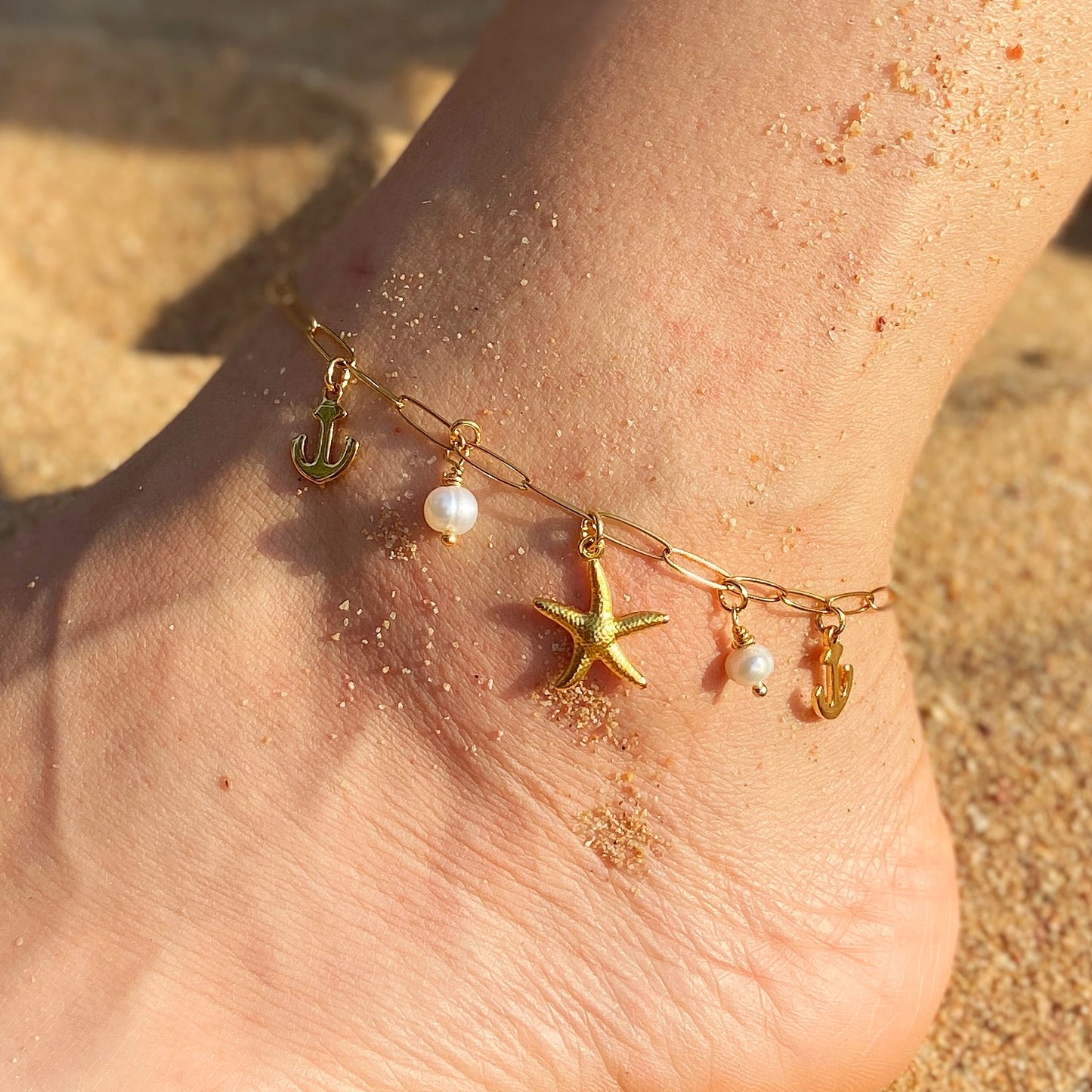 Anklet Sealife freshwater pearls / stainless steel gold plated / water resistant