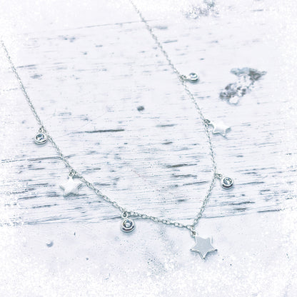 Delicate necklace with zircon &amp; star pendants / 925 sterling silver / 40+5cm
