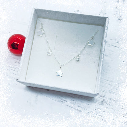 Delicate necklace with zircon &amp; star pendants / 925 sterling silver / 40+5cm