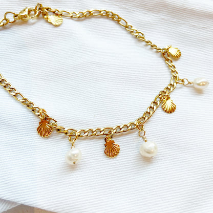 Anklet shell freshwater pearls / stainless steel gold plated / water resistant